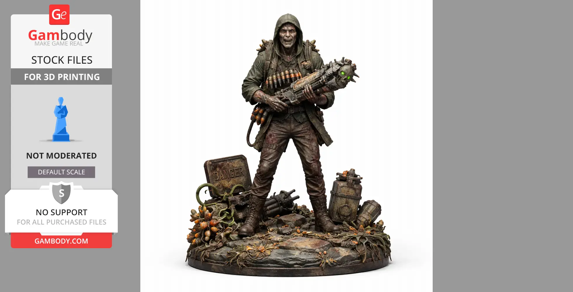 Hooded figure with a weapon stands on a detailed base with plants and equipment.