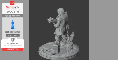A hooded figure holding a bomb stands on a detailed base with equipment and debris, ready for 3D printing.