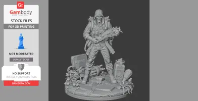 Hooded figure with sci-fi weapon, standing on detailed base with tech and organic elements.