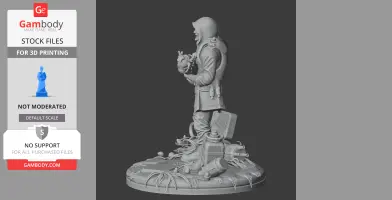 3D model of a hooded character holding an object, standing on a detailed base with equipment and growths.