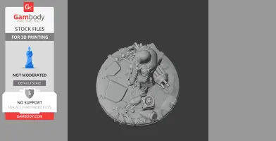 A detailed 3D model of a futuristic character with armor, holding a weapon, standing on a round base with debris.