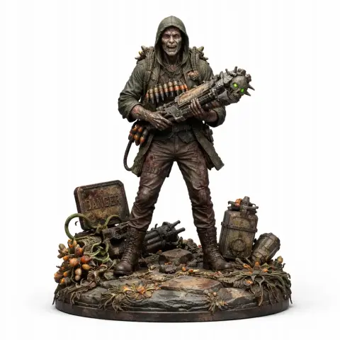 Hooded figure with rifle on a detailed base, surrounded by equipment and warning signs.