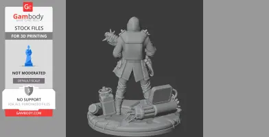 Hooded figure with gadgets stands on a round base, surrounded by mechanical equipment.