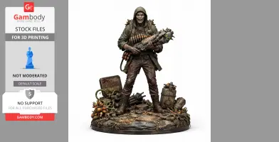 Hooded figure with a weapon stands on a detailed base with plants and equipment.