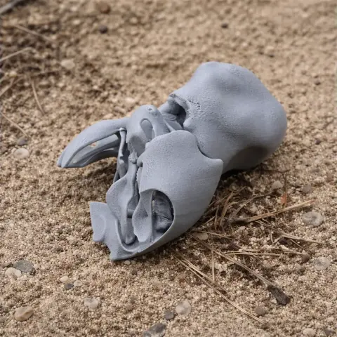 3D printed Pezophaps solitaria skull replica on sandy ground.