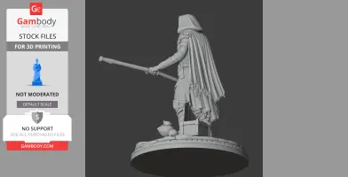 A robed warrior with a staff and detailed cloak, standing on a round base with a pot and chest.