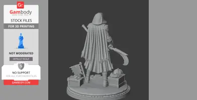 Hooded figure with a tattered cloak, sword, and accessories on a pedestal for 3D printing.