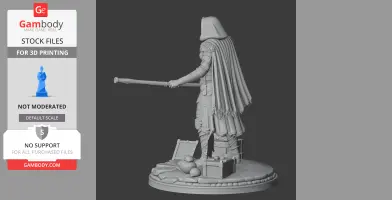 Hooded figure with a staff, detailed cloak, standing on a base with boxes and sacks. 3D print model.