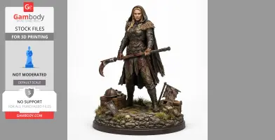 Warrior figure in armor with fur cape, holding a polearm, stands on rocky base with medieval items.