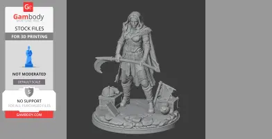 A hooded warrior figure holding a weapon, standing on a detailed base with medieval props.