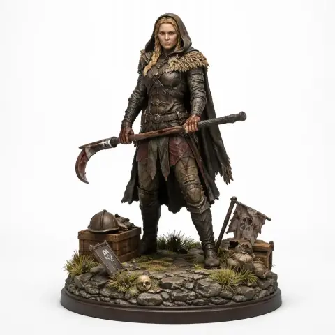 A warrior figure in armor with a cloak and axe, stands on a decorated base with shields and skulls.