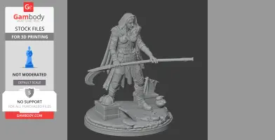 A warrior figure with a hood, armor, and a large weapon stands on a detailed base with objects.