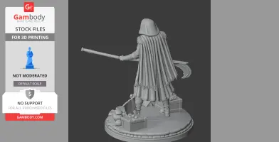 A cloaked figure with a polearm stands on a detailed base with boxes and bags.