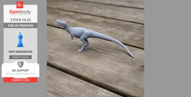3D printed model of a small, prehistoric dinosaur-like creature on a wooden surface.