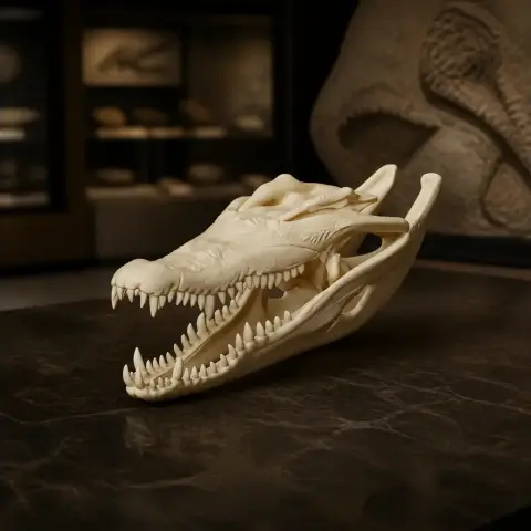 A detailed 3D printed Philippine crocodile skull replica, displayed on a dark surface.