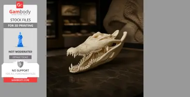 3D model of a Philippine crocodile skull replica on display, showing detailed teeth and bone structure.