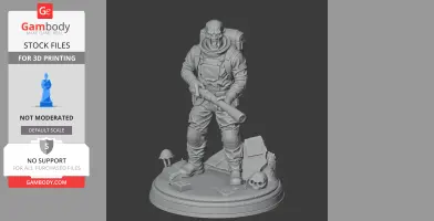 A menacing character in an armored suit and gas mask holds a weapon, standing on a detailed base with debris.