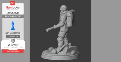 A detailed 3D character figure with a weapon and backpack, standing on a textured base.