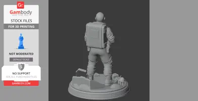 3D model of a figure in a spacesuit with a backpack, standing on a detailed base with debris.