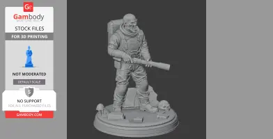 Figure of a soldier in tactical gear holding a rifle, standing on a detailed base with a skull.