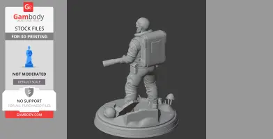 A 3D model of a character with a backpack and a cylindrical tool, standing on a detailed base.