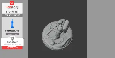 A detailed 3D model of an astronaut figure on a round base, holding a tool, with scattered items around.