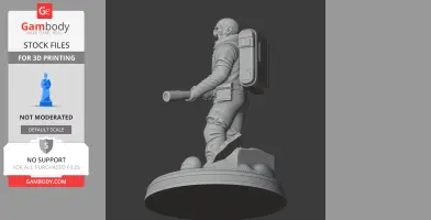 A detailed 3D model of a rugged, armored character with a backpack and weapon, standing on a decorative base.