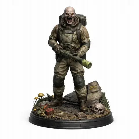 Menacing character in a combat suit with a weapon, standing on a detailed base with skulls and foliage.