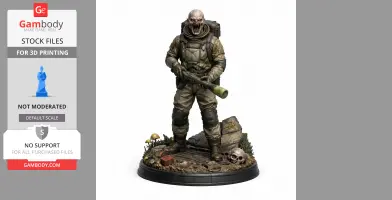 A menacing, armored figure with a snarl, holding a weapon on a detailed base with a skull and mushrooms.