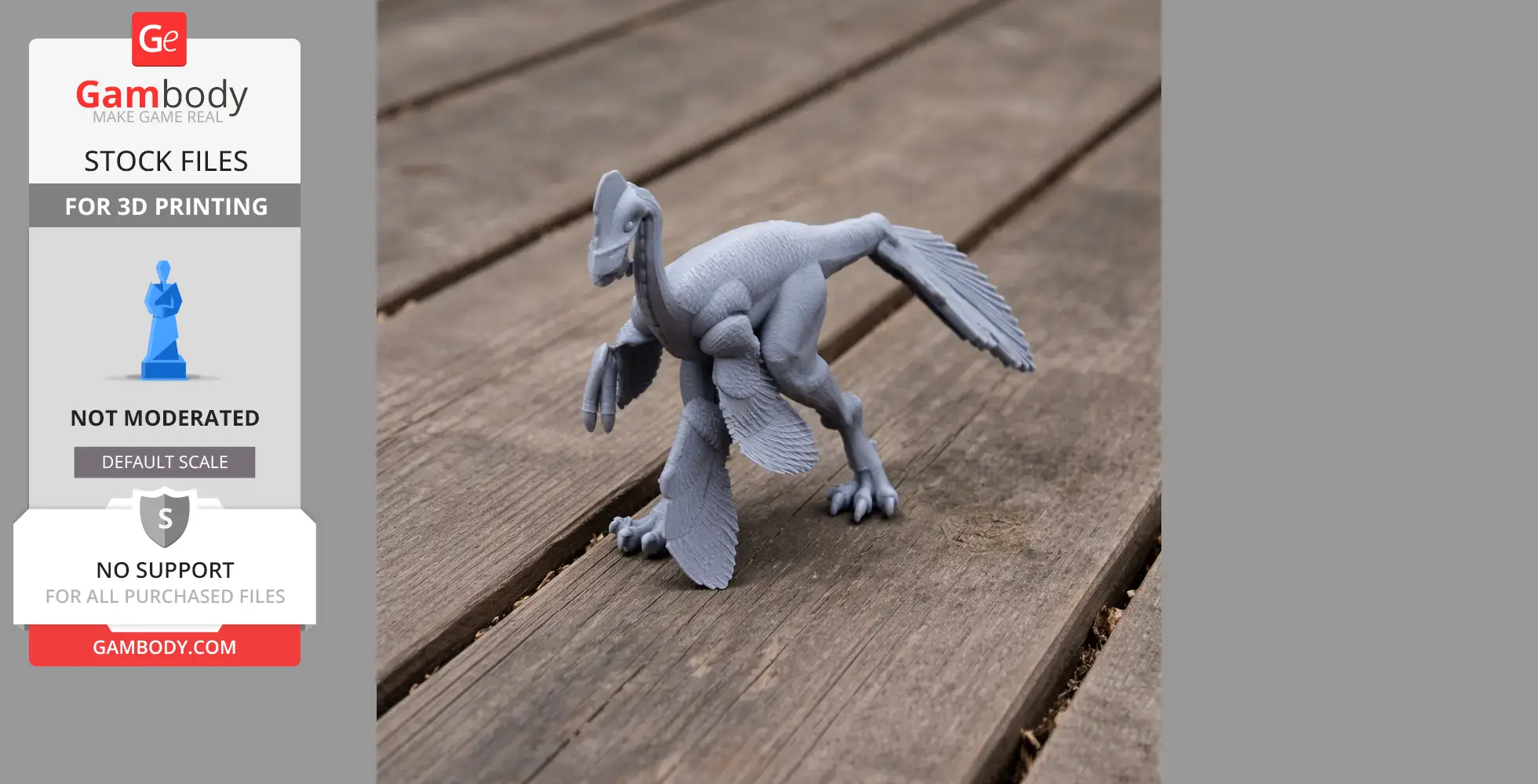 Gray 3D-printed model of a prehistoric Anzu creature on a wooden surface.