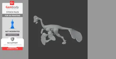 3D model of a prehistoric, bird-like dinosaur with feathered limbs and a long tail.