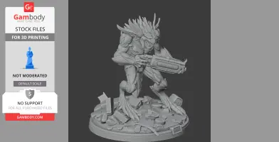 A detailed alien creature figure with spiky armor and a weapon, standing on a rocky base.