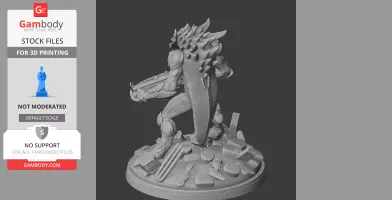 Alien warrior figure with spiked armor, holding a weapon, standing on a rocky base.