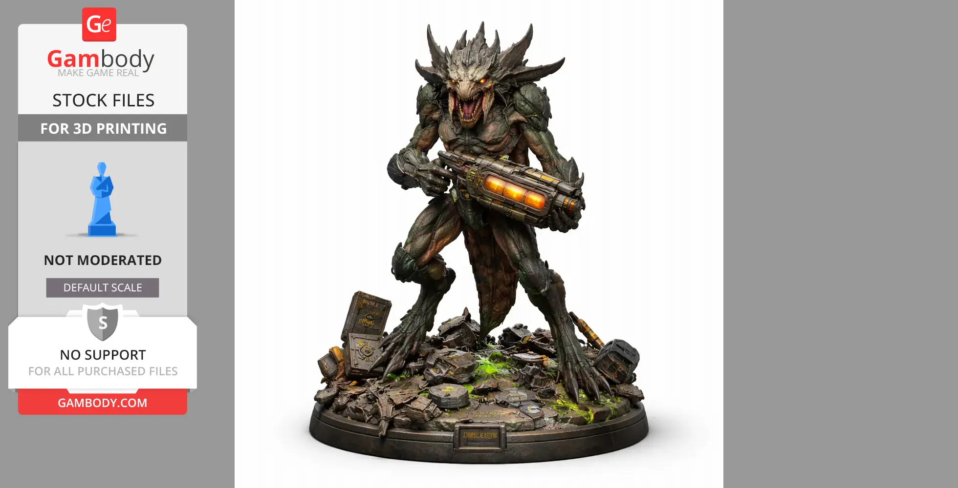 A fierce alien creature with spiky armor, holding a glowing weapon, stands on a debris-strewn base.