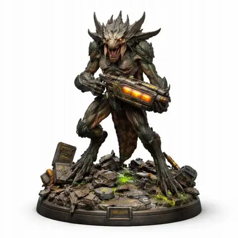 Alien creature figure holding a glowing weapon, standing on a detailed base with debris.