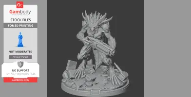 A detailed alien creature with a gun, standing on a base with debris, ready for 3D printing.