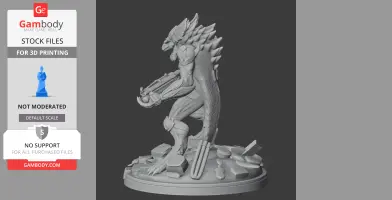 Alien creature with spiked back and armor, holding a weapon, standing on a rocky base.