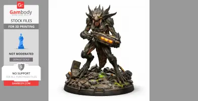 A fierce alien creature with spiky armor, holding a glowing weapon, stands on a debris-strewn base.
