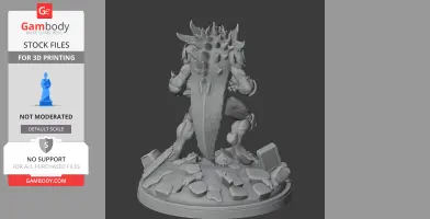 Alien creature figure with spiked armor standing on a rocky base, designed for 3D printing.