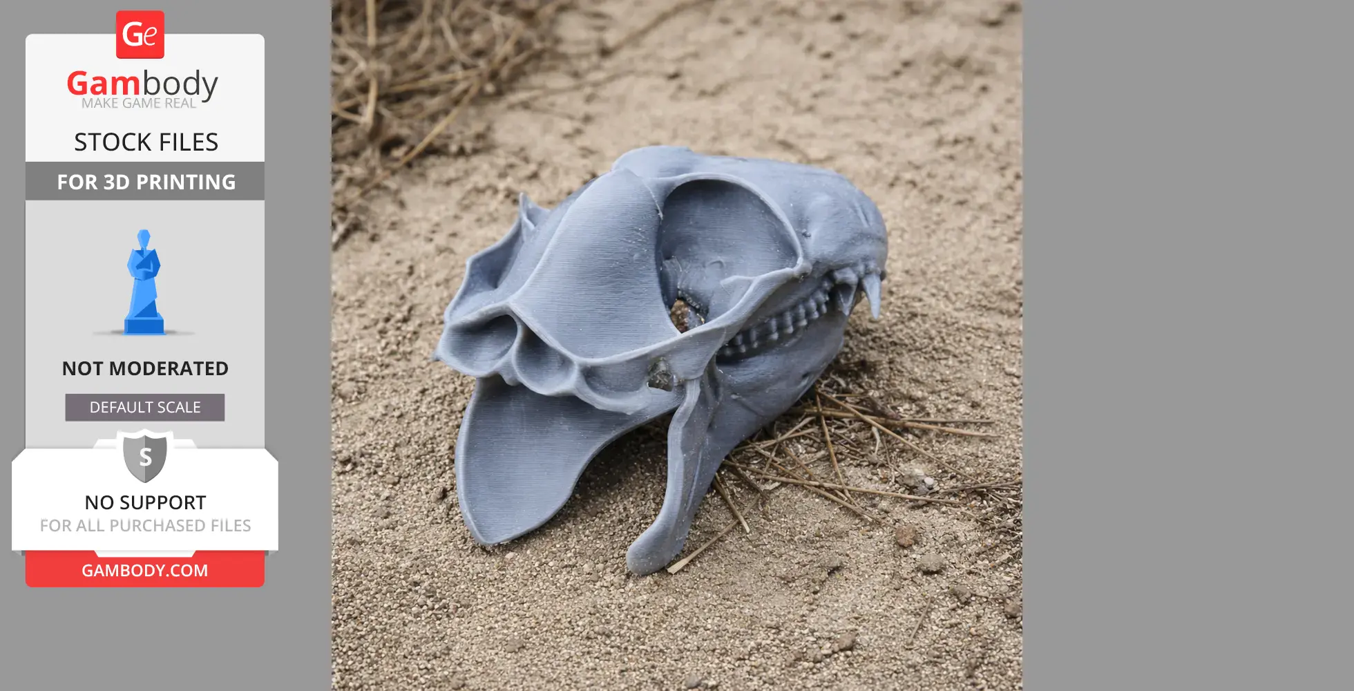 3D-printed Philippine Flying Lemur skull replica on sandy ground.