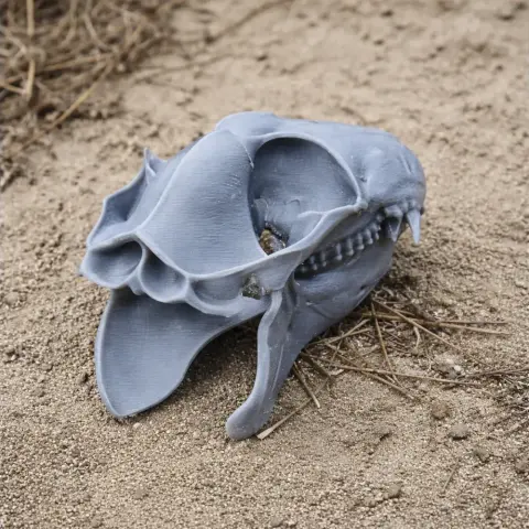 3D printed model of a Philippine Flying Lemur skull resting on sandy ground.