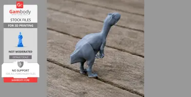 Gray 3D-printed Apatodon model, standing on a wooden surface.