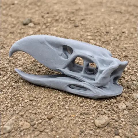 3D-printed Phorusrhacos skull model resting on a textured ground surface.