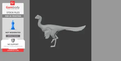 3D model of a feathered dinosaur, Apatoraptor, in a walking pose for 3D printing.