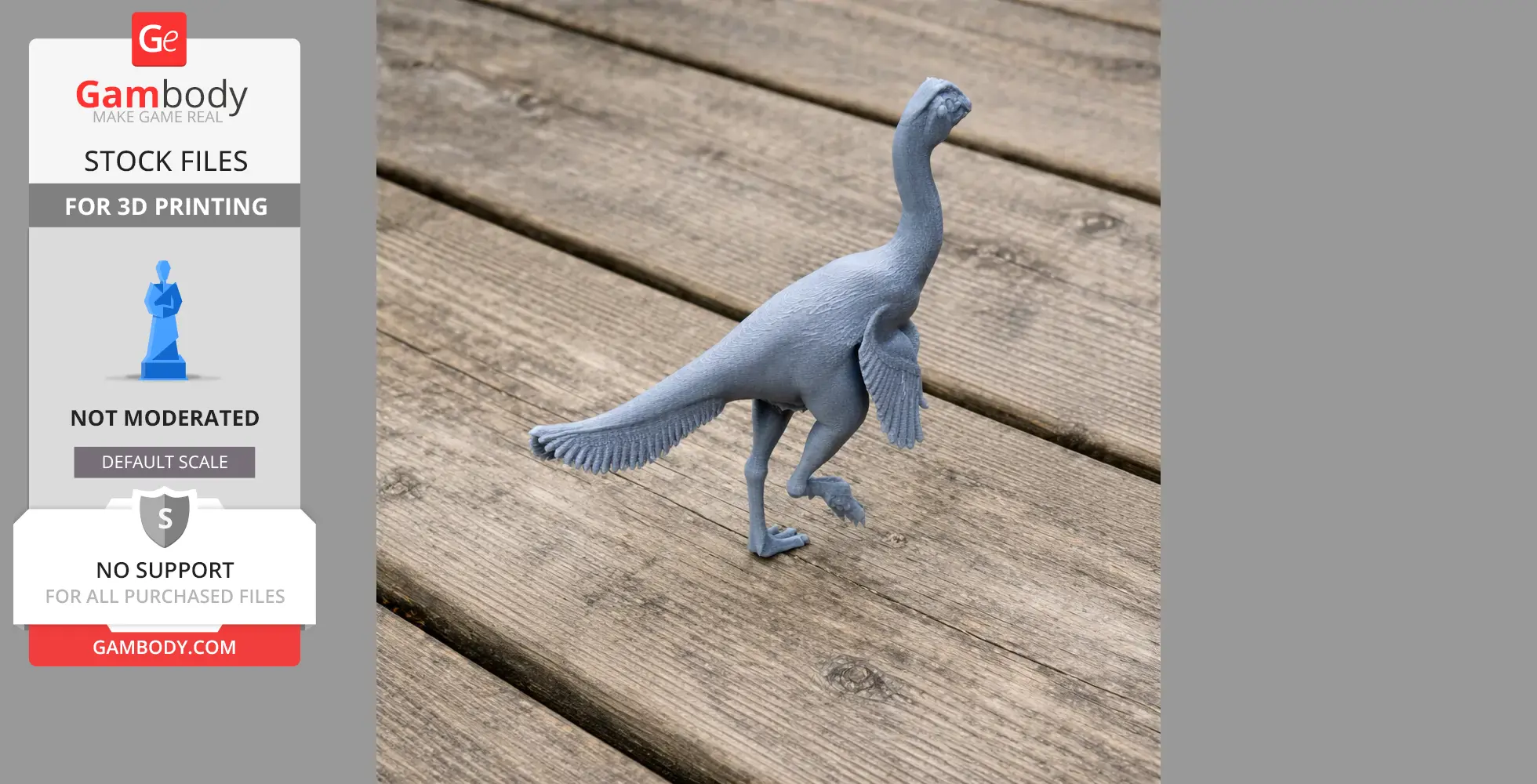 A 3D printed model of a bipedal Apatoraptor dinosaur, shown on a wooden surface.