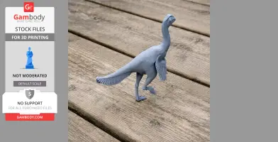 A 3D printed model of a bipedal Apatoraptor dinosaur, shown on a wooden surface.