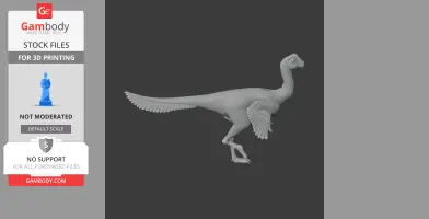 Gray 3D model of a feathered dinosaur, Apatoraptor, in a profile view with wings and a long tail.