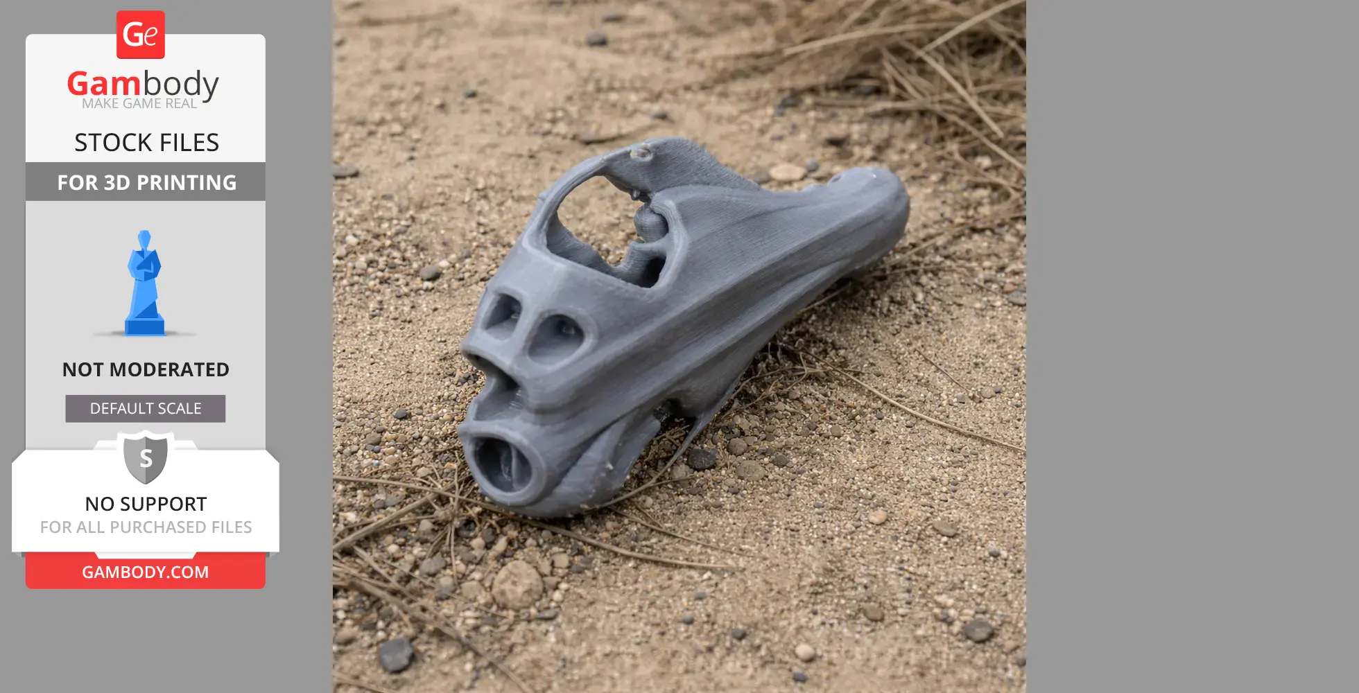 3D printed pig-footed bandicoot skull replica on sandy ground.