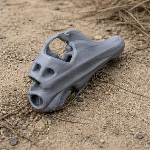 Gray 3D-printed pig-footed bandicoot skull replica resting on sandy ground.