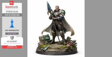 Elder warrior in armor holding spear, standing on rocky base with debris and vegetation.